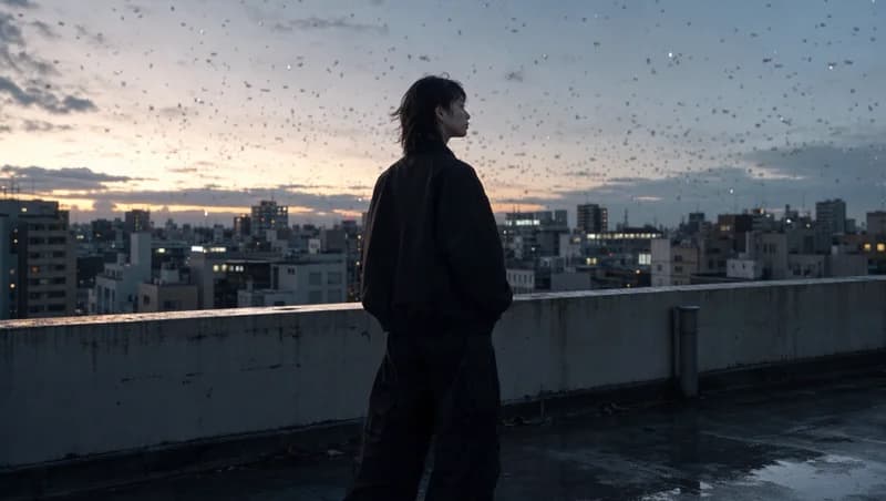 The lead on a rooftop as morning arrives